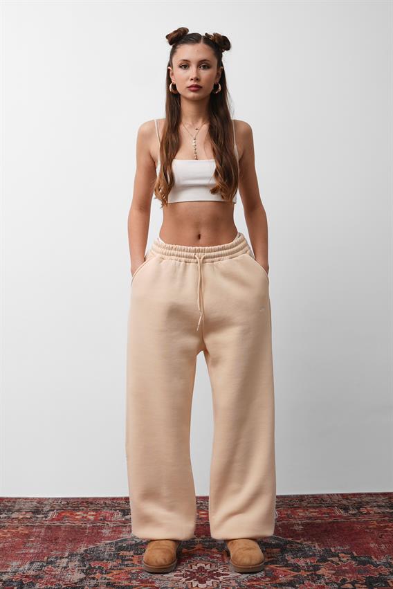 OW Oversize Bej Lastik Paça Tek Alt