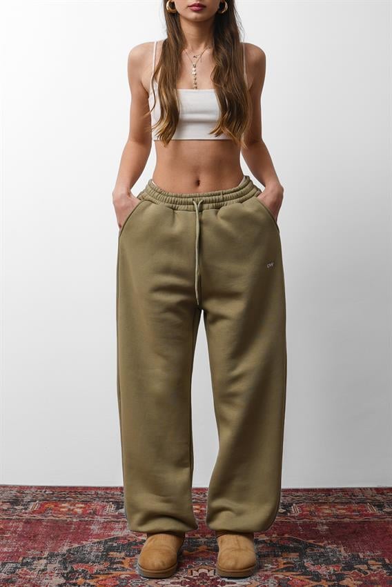 OW Oversize Yağ Yeşili Lastik Paça Tek Alt