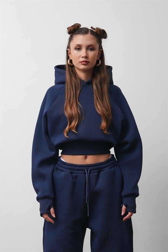 OW  Parmak Geçmeli Kapüşonlu Crop Lacivert Sweatshirt 