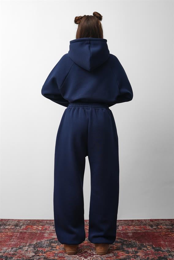 OW  Parmak Geçmeli Kapüşonlu Crop Lacivert Sweatshirt 