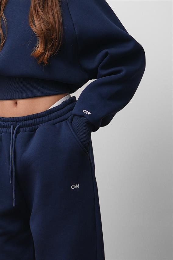 OW  Parmak Geçmeli Kapüşonlu Crop Lacivert Sweatshirt 