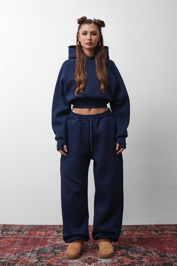 OW  Parmak Geçmeli Kapüşonlu Crop Lacivert Sweatshirt 