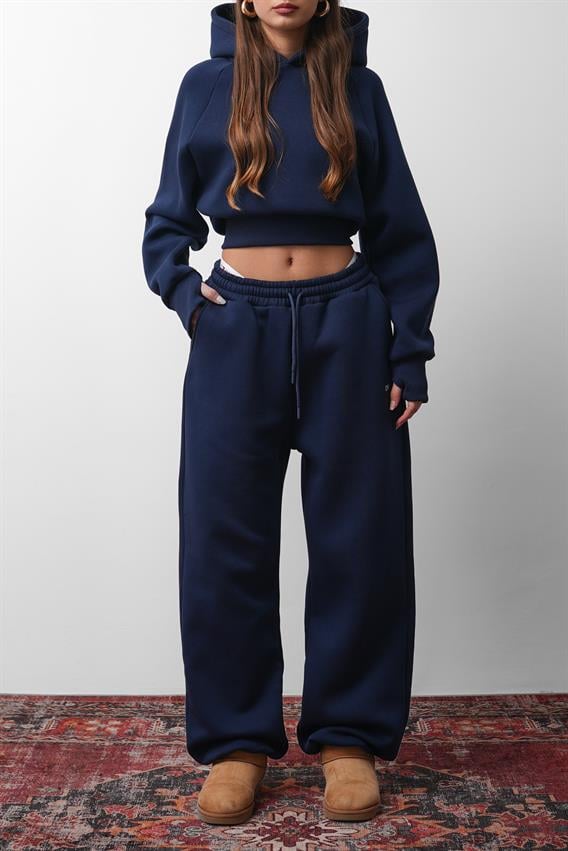 OW  Parmak Geçmeli Kapüşonlu Crop Lacivert Sweatshirt 