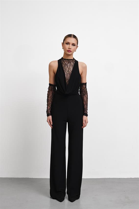 OWNIGHT Alexa Dantel Detay Eldivenli Siyah Tulum