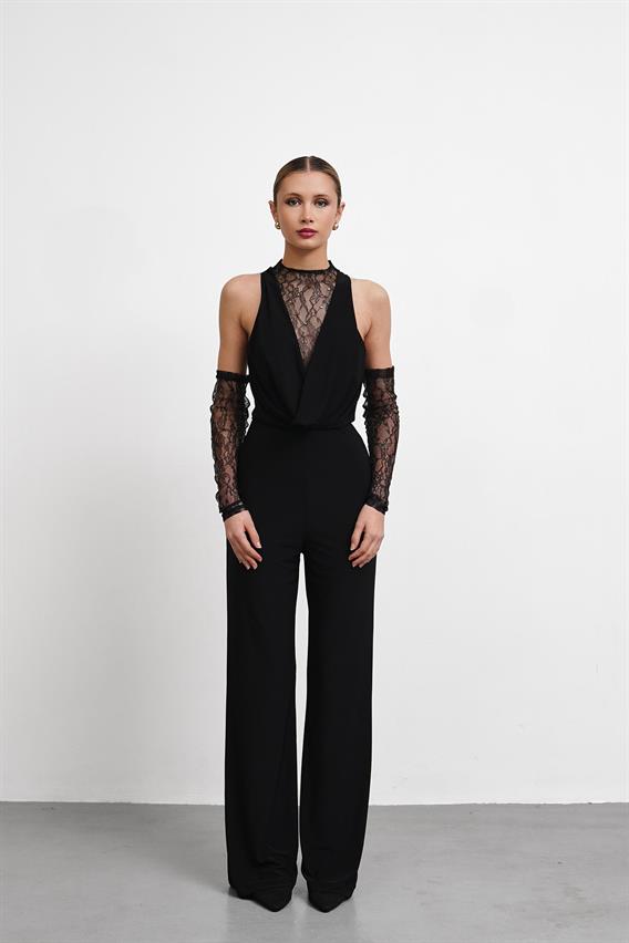 OWNIGHT Alexa Dantel Detay Eldivenli Siyah Tulum