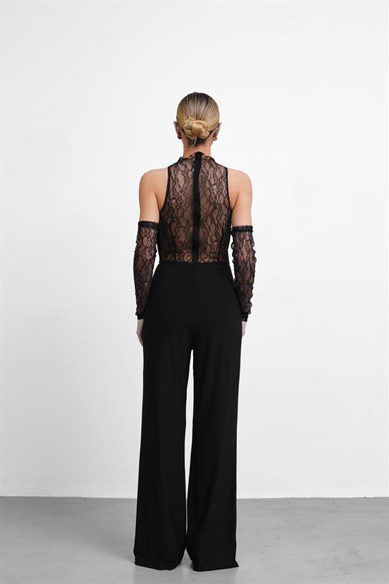 OWNIGHT Alexa Dantel Detay Eldivenli Siyah Tulum