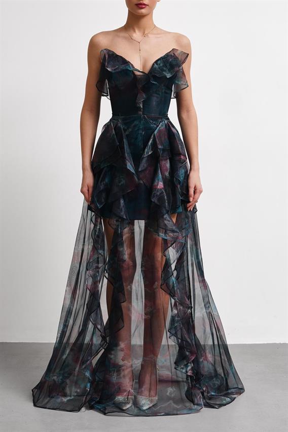 OWNIGHT Cinderalla Straplez Fırfır Detay Şifon Tül Zümrüt Abiye Elbise