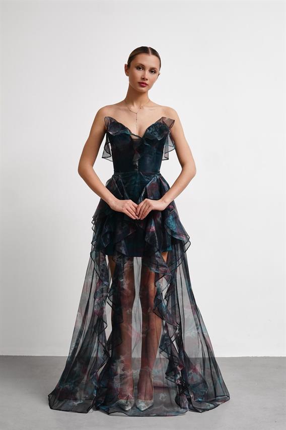 OWNIGHT Cinderalla Straplez Fırfır Detay Şifon Tül Zümrüt Abiye Elbise