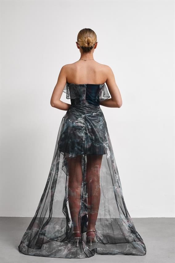 OWNIGHT Cinderalla Straplez Fırfır Detay Şifon Tül Zümrüt Abiye Elbise