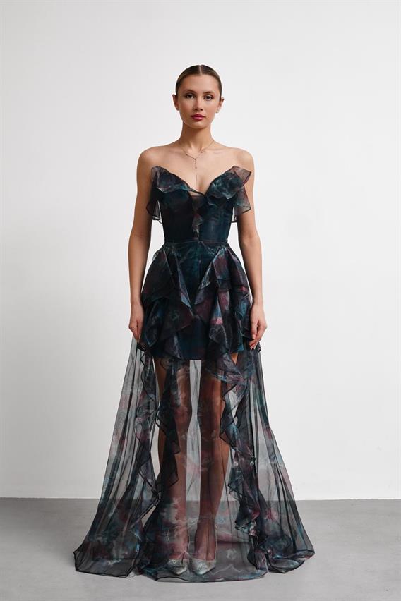 OWNIGHT Cinderalla Straplez Fırfır Detay Şifon Tül Zümrüt Abiye Elbise