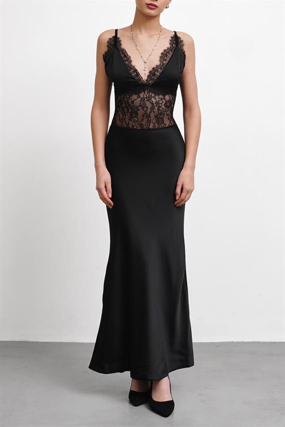OWNIGHT Colette Askılı Dantel Detay Saten Siyah Uzun Abiye