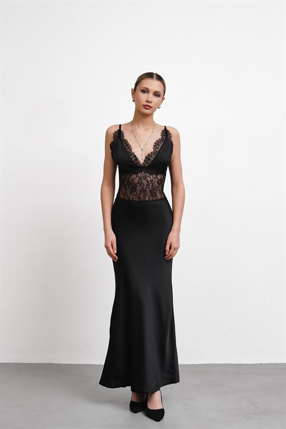 OWNIGHT Colette Askılı Dantel Detay Saten Siyah Uzun Abiye