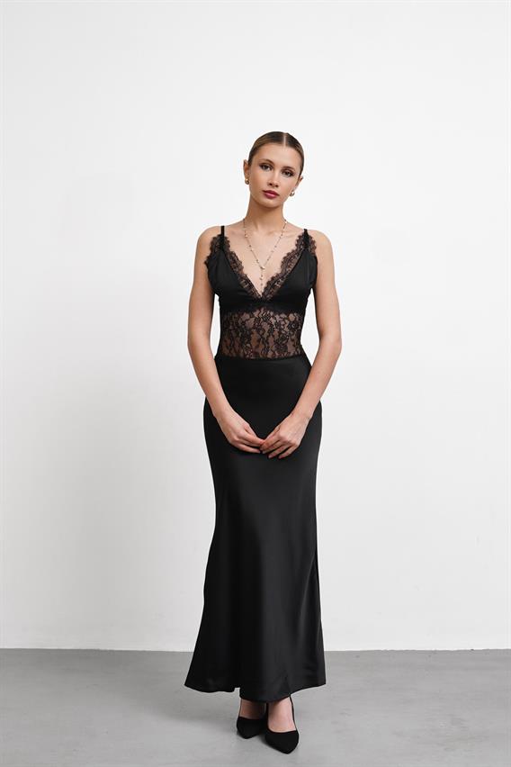 OWNIGHT Colette Askılı Dantel Detay Saten Siyah Uzun Abiye