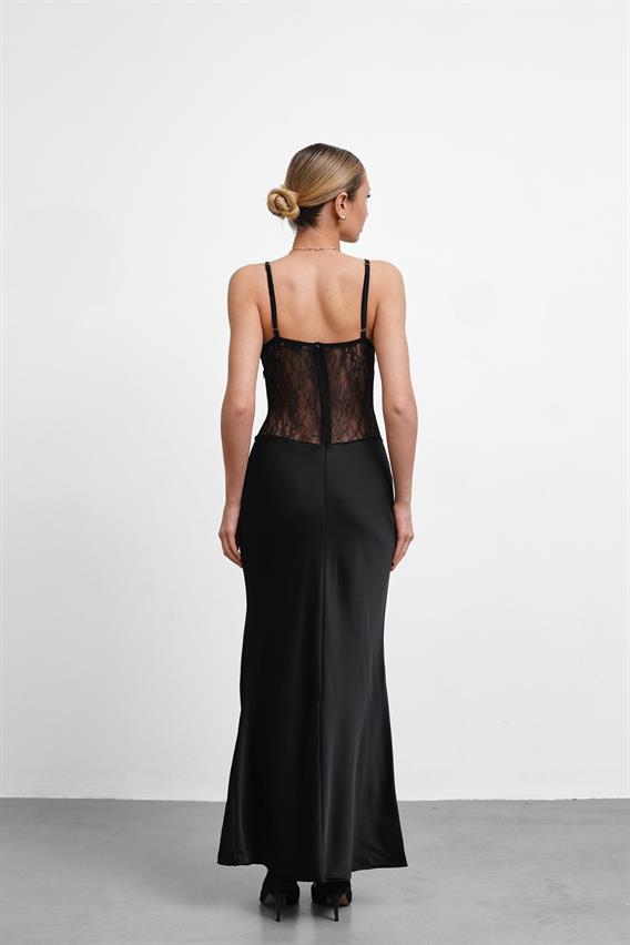 OWNIGHT Colette Askılı Dantel Detay Saten Siyah Uzun Abiye