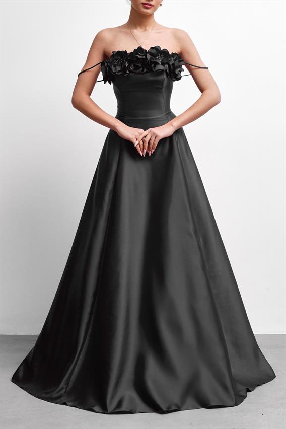 OWNIGHT Evenia Saten İnce Askılı Çiçek Detay Siyah Uzun Abiye 