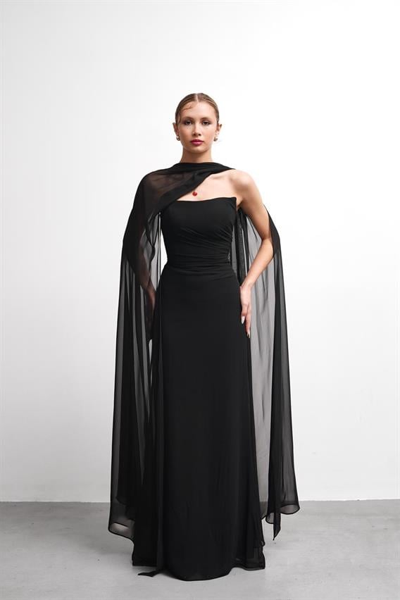 OWNIGHT FinesS Straplez Drape Detay Fularlı Siyah Uzun Abiye 