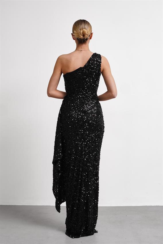 OWNIGHT Gianna Tek Omuz Toka Detay Payetli Siyah Uzun Abiye
