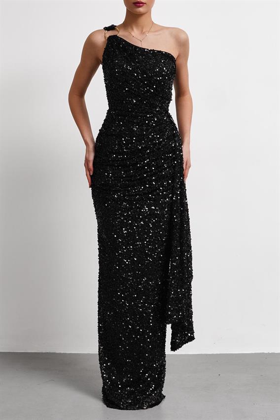 OWNIGHT Gianna Tek Omuz Toka Detay Payetli Siyah Uzun Abiye