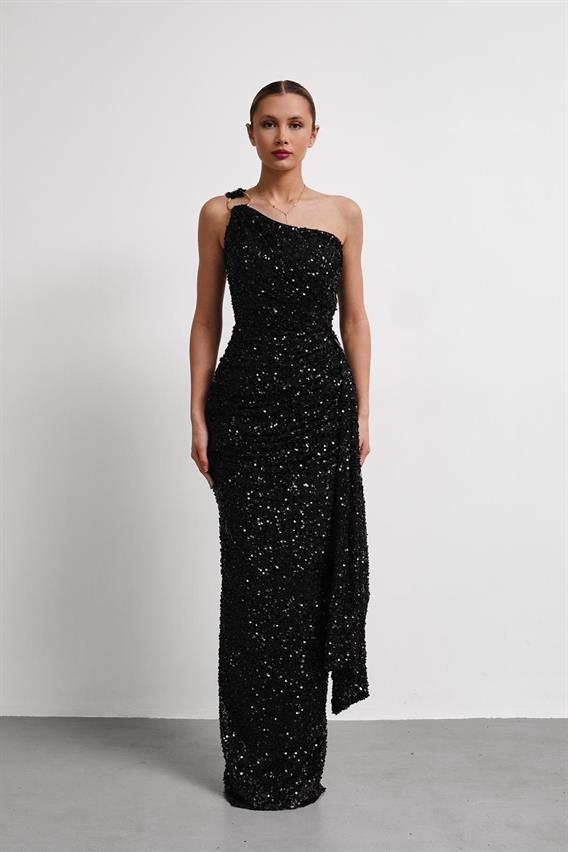 OWNIGHT Gianna Tek Omuz Toka Detay Payetli Siyah Uzun Abiye