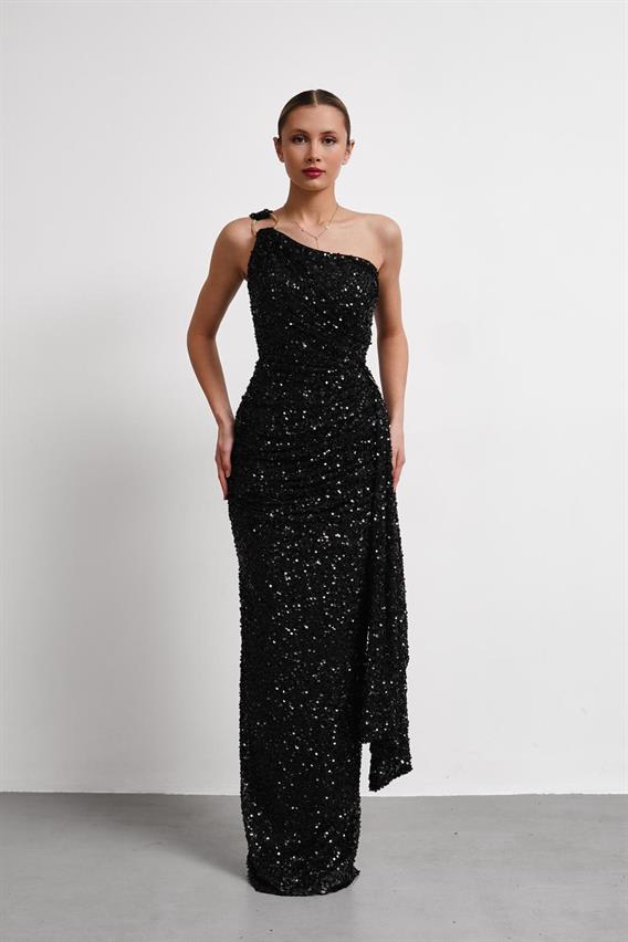 OWNIGHT Gianna Tek Omuz Toka Detay Payetli Siyah Uzun Abiye