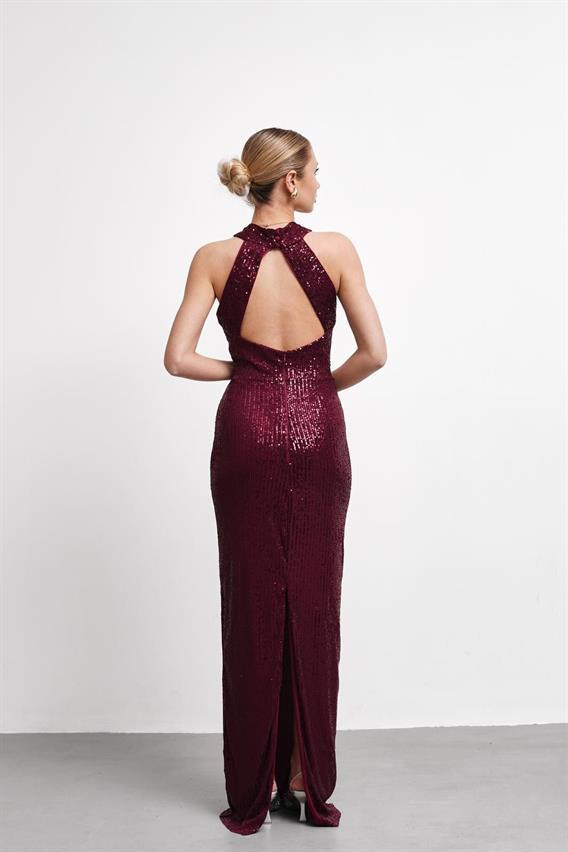 OWNIGHT Glenn Boyundan Bağlama Detay Payetli Bordo Uzun Abiye 