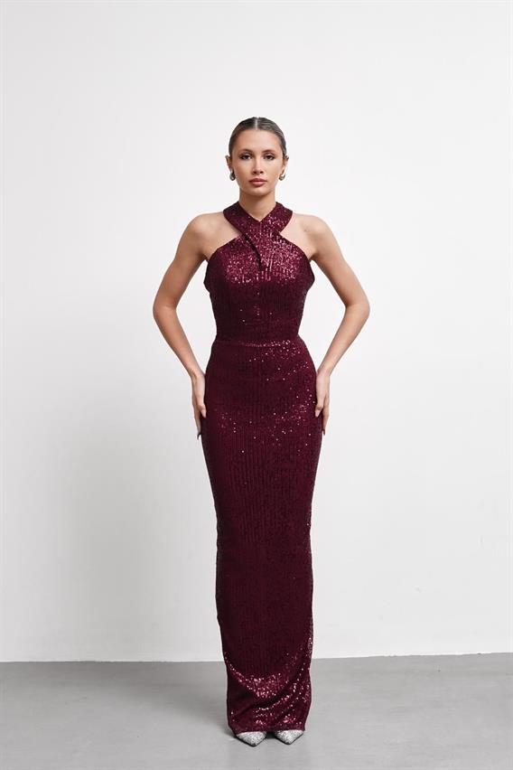 OWNIGHT Glenn Boyundan Bağlama Detay Payetli Bordo Uzun Abiye 