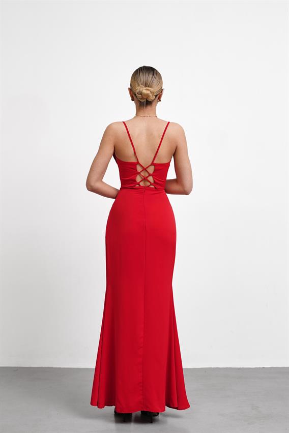 OWNIGHT Harlow Korse Detay Yırtmaçlı Kırmızı Uzun Abiye