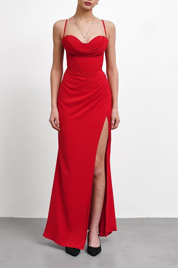 OWNIGHT Harlow Korse Detay Yırtmaçlı Kırmızı Uzun Abiye