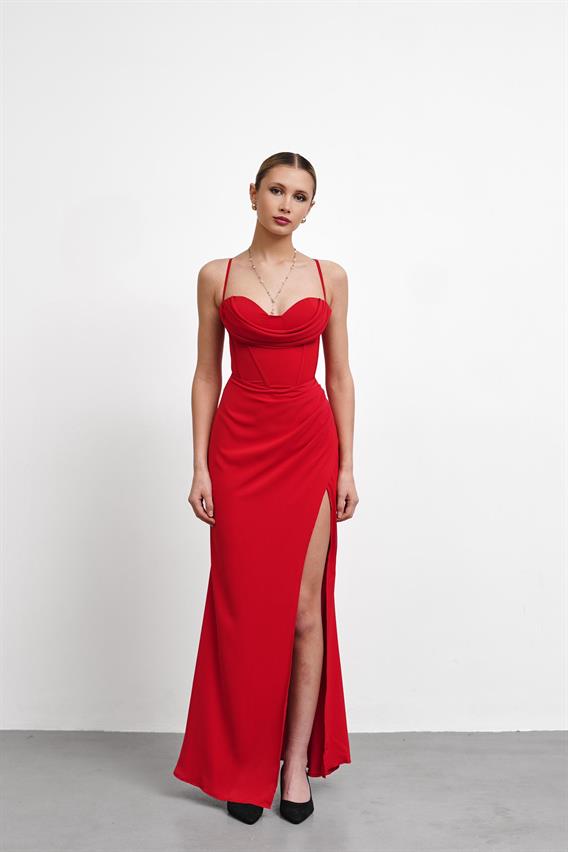 OWNIGHT Harlow Korse Detay Yırtmaçlı Kırmızı Uzun Abiye