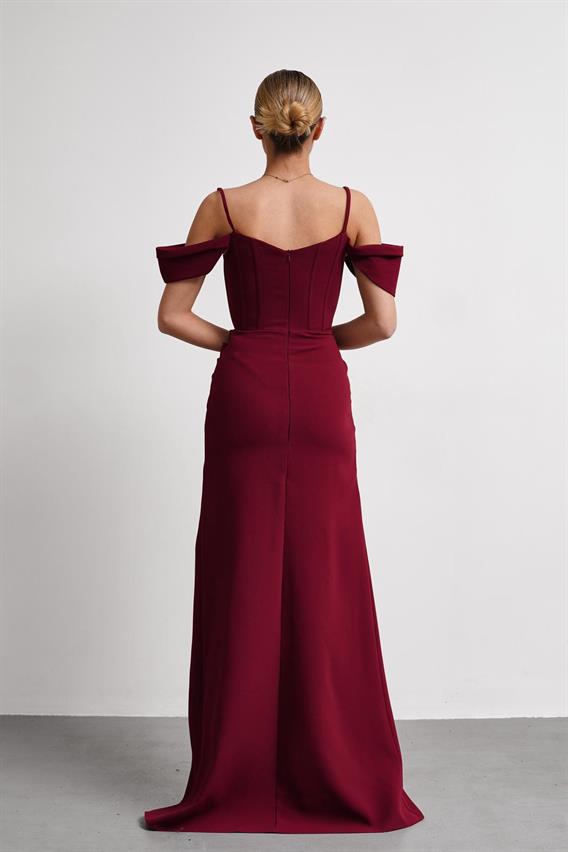 OWNIGHT Jovissa İnce Askılı Düşük Kol Taş İşlemeli Bordo Uzun Abiye