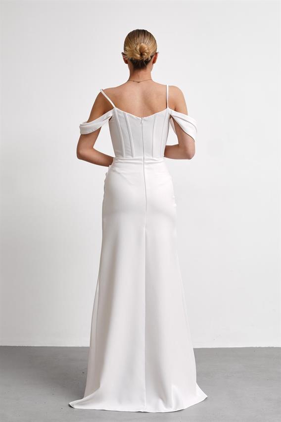 OWNIGHT Jovissa İnce Askılı Düşük Kol Taş İşlemeli Beyaz Uzun Abiye