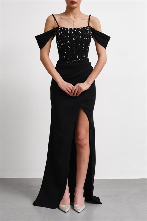 OWNIGHT Jovissa İnce Askılı Düşük Kol Taş İşlemeli Siyah Uzun Abiye