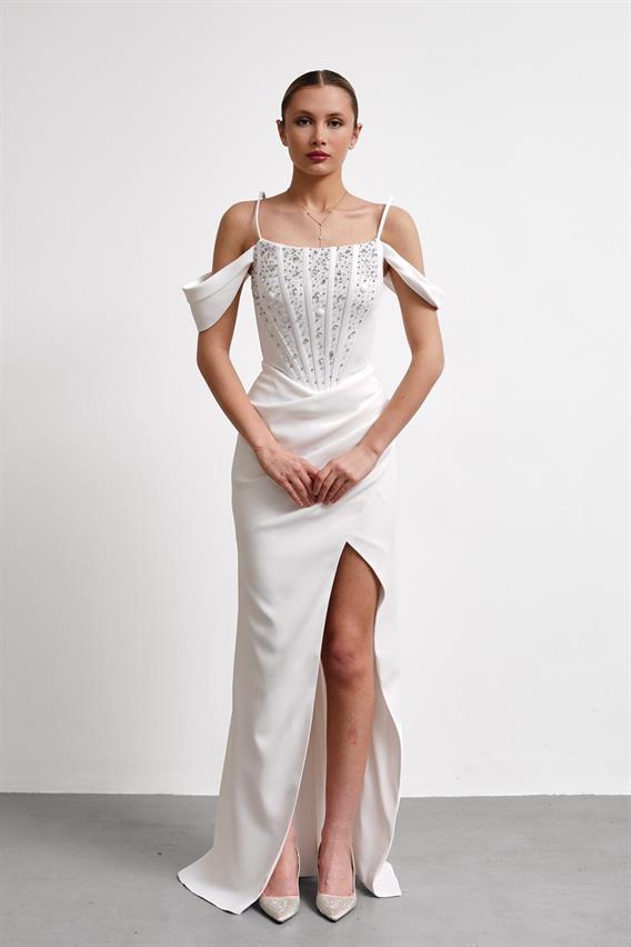 OWNIGHT Jovissa İnce Askılı Düşük Kol Taş İşlemeli Beyaz Uzun Abiye