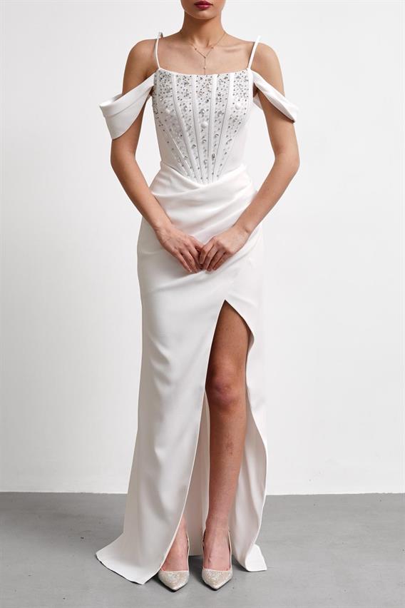 OWNIGHT Jovissa İnce Askılı Düşük Kol Taş İşlemeli Beyaz Uzun Abiye