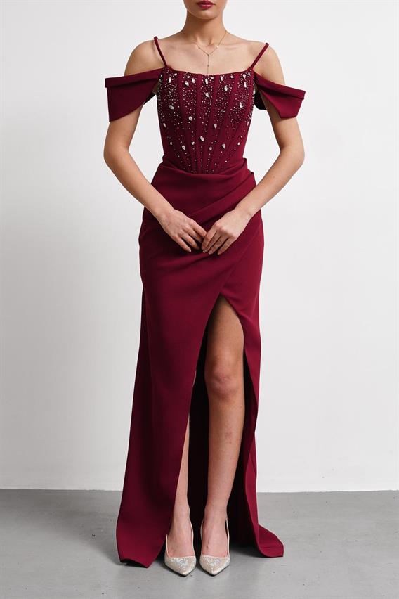 OWNIGHT Jovissa İnce Askılı Düşük Kol Taş İşlemeli Bordo Uzun Abiye