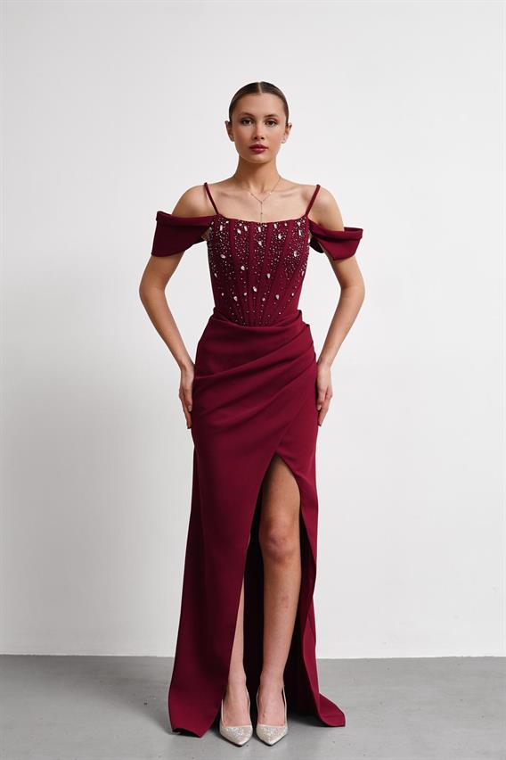 OWNIGHT Jovissa İnce Askılı Düşük Kol Taş İşlemeli Bordo Uzun Abiye