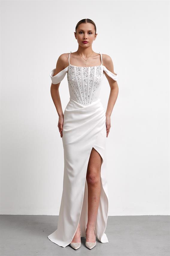 OWNIGHT Jovissa İnce Askılı Düşük Kol Taş İşlemeli Beyaz Uzun Abiye