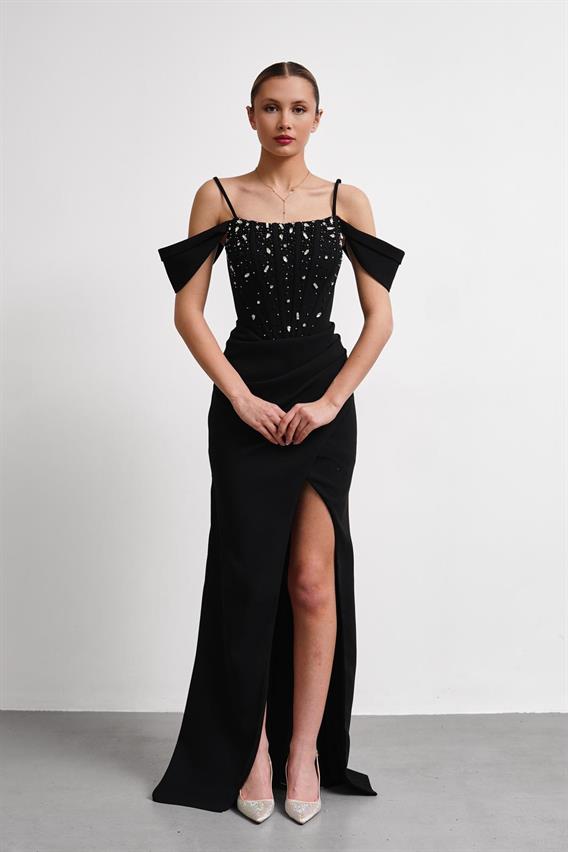 OWNIGHT Jovissa İnce Askılı Düşük Kol Taş İşlemeli Siyah Uzun Abiye