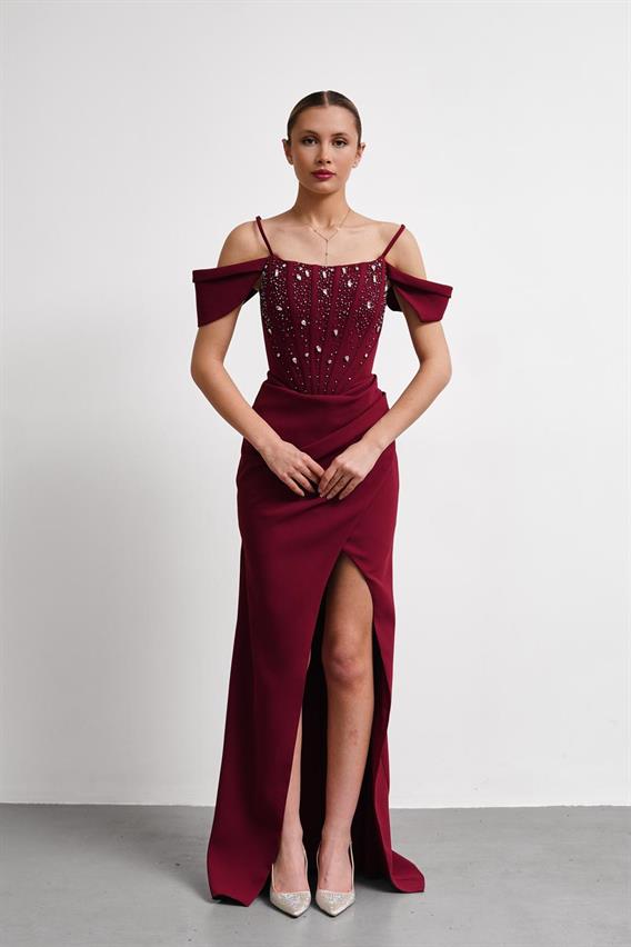 OWNIGHT Jovissa İnce Askılı Düşük Kol Taş İşlemeli Bordo Uzun Abiye