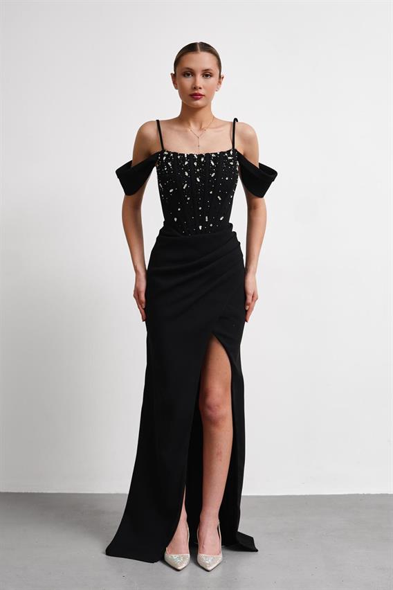 OWNIGHT Jovissa İnce Askılı Düşük Kol Taş İşlemeli Siyah Uzun Abiye