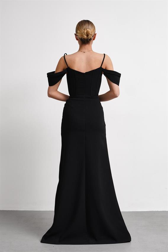 OWNIGHT Jovissa İnce Askılı Düşük Kol Taş İşlemeli Siyah Uzun Abiye