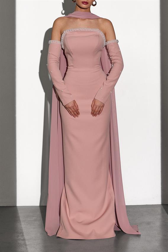 OWNIGHT Morganna Straplez İnci Detaylı Fularlı Eldivenli Pudra Uzun Abiye