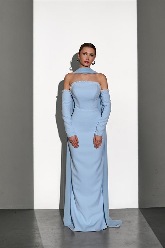 OWNIGHT Morganna Straplez İnci Detaylı Fularlı Eldivenli Mavi Uzun Abiye