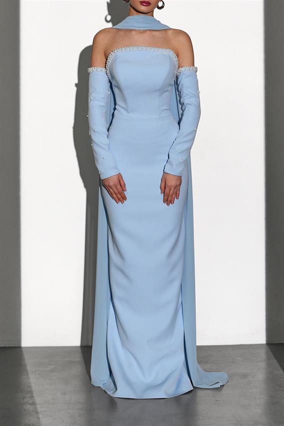OWNIGHT Morganna Straplez İnci Detaylı Fularlı Eldivenli Mavi Uzun Abiye