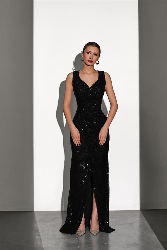 OWNIGHT Rebeca V Yaka Payetli Siyah Uzun Abiye