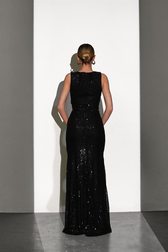 OWNIGHT Rebeca V Yaka Payetli Siyah Uzun Abiye