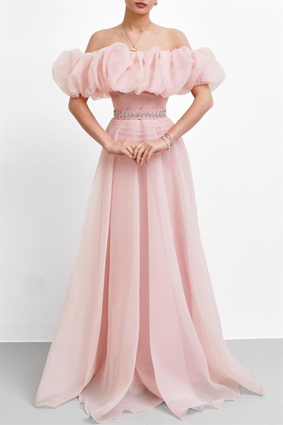 OWNIGHT Rocco Madonna Yaka Beli Taş Detay Toz Pembe Uzun Abiye 