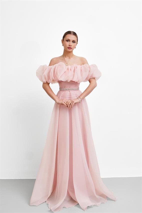 OWNIGHT Rocco Madonna Yaka Beli Taş Detay Toz Pembe Uzun Abiye 
