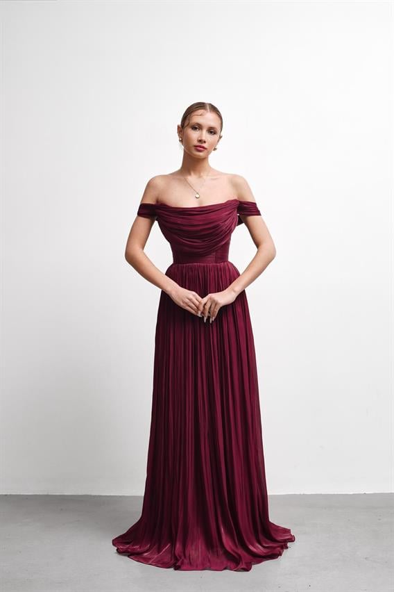 OWNIGHT Vixen Kayık Yaka Piliseli Bordo Uzun Abiye 