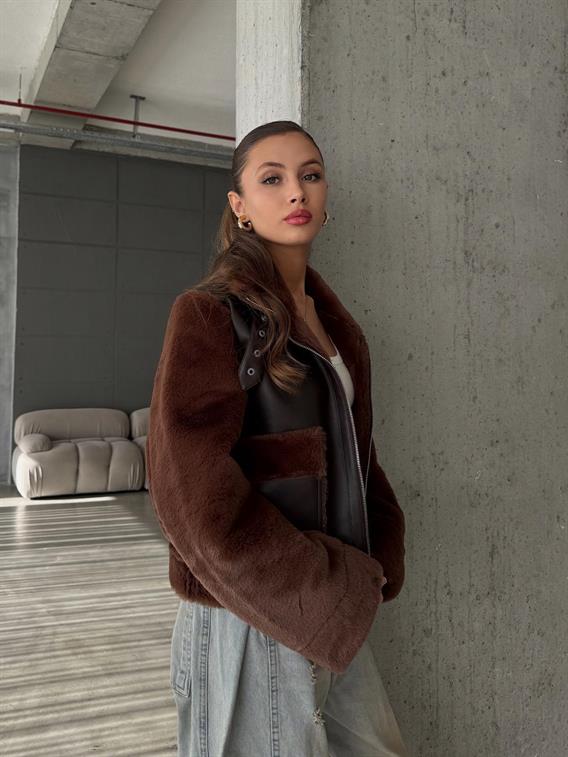 Palea Çift Cepli Fermuarlı Deri Peluş Kahve Mont